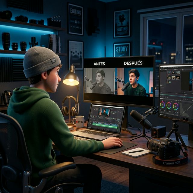 Editor profesional trabajando con comparación Antes y Después